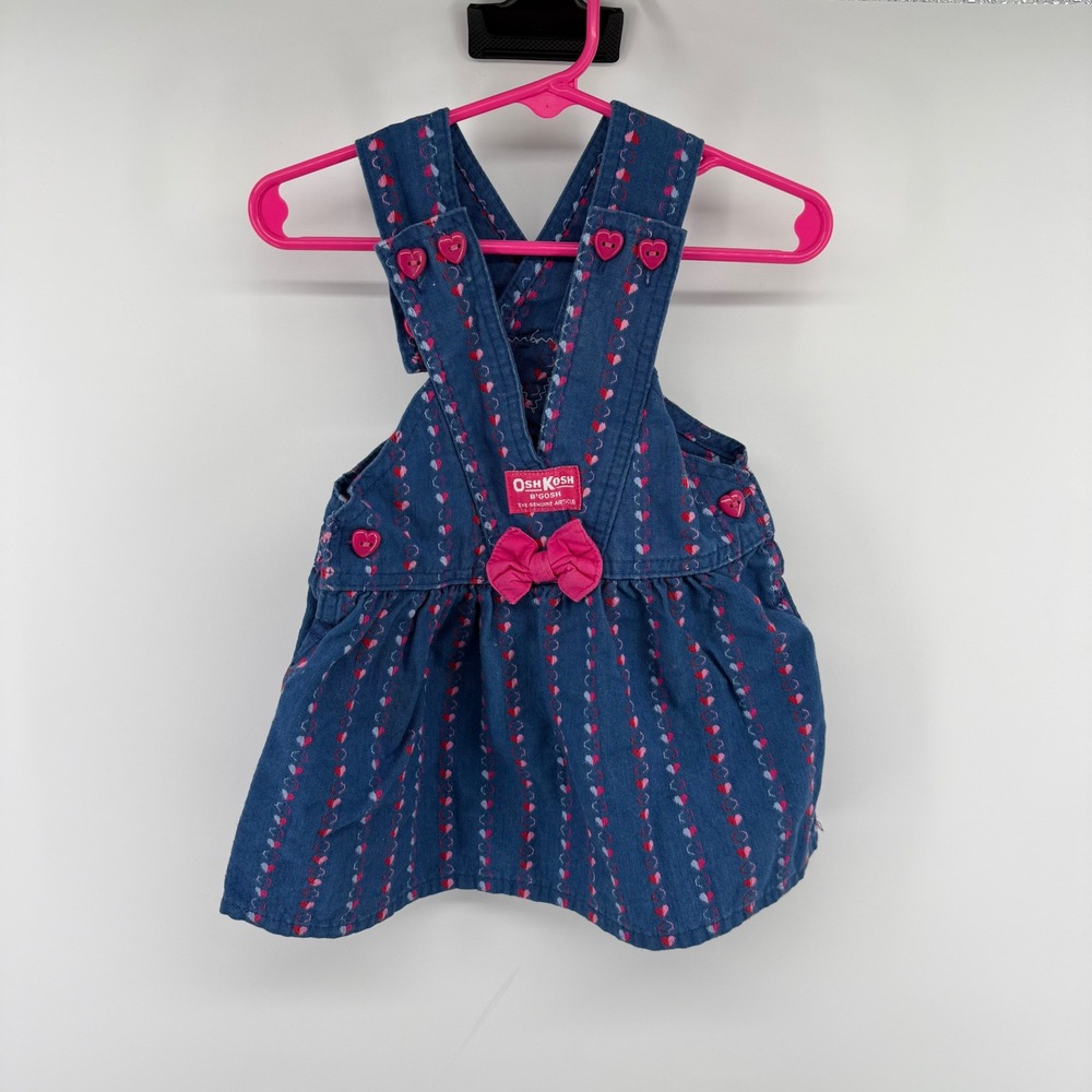 Vintage OshKosh B'gosh Girls 2T Heart Pinafore Dress Blue Pink Made in USA 90s